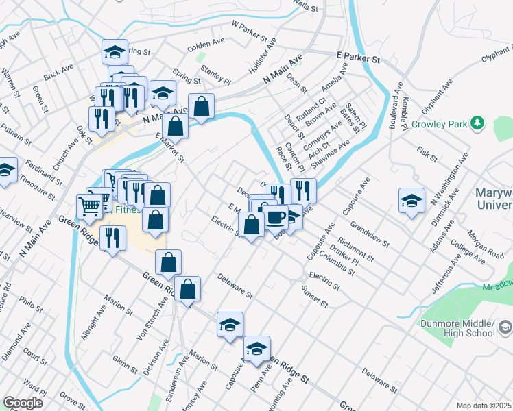 map of restaurants, bars, coffee shops, grocery stores, and more near 536 Deacon Street in Scranton