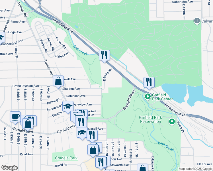 map of restaurants, bars, coffee shops, grocery stores, and more near 4590 East 104th Street in Garfield Heights