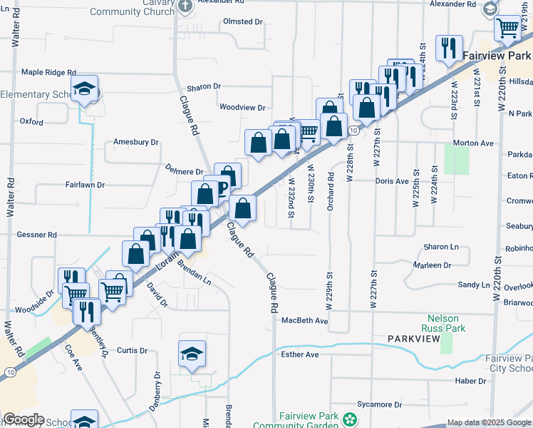 map of restaurants, bars, coffee shops, grocery stores, and more near 23225 Lorain Road in North Olmsted