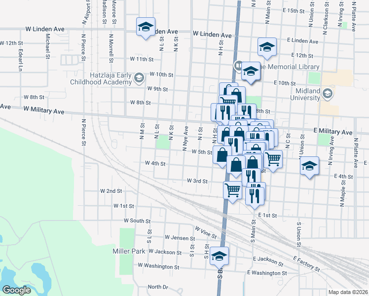 map of restaurants, bars, coffee shops, grocery stores, and more near 520 North Nye Avenue in Fremont