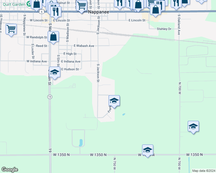 map of restaurants, bars, coffee shops, grocery stores, and more near 210 Stonewall Court in Nappanee
