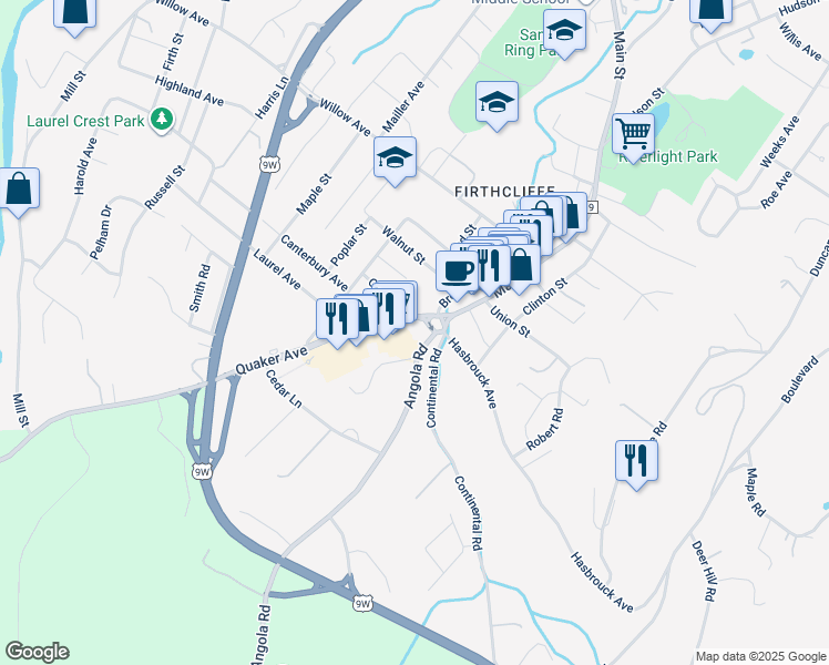 map of restaurants, bars, coffee shops, grocery stores, and more near 1 Quaker Avenue in Cornwall