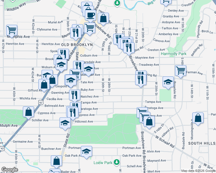 map of restaurants, bars, coffee shops, grocery stores, and more near 2713 Tate Avenue in Cleveland