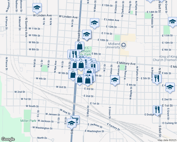 map of restaurants, bars, coffee shops, grocery stores, and more near 505 North Main Street in Fremont