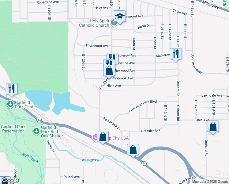 map of restaurants, bars, coffee shops, grocery stores, and more near 4639 East 131st Street in Garfield Heights