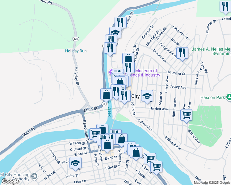 map of restaurants, bars, coffee shops, grocery stores, and more near 206 Seneca Street in Oil City