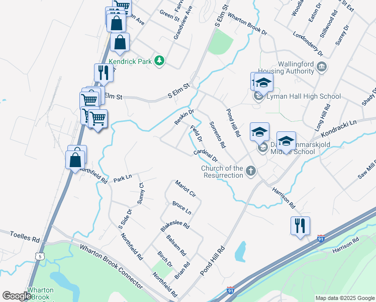 map of restaurants, bars, coffee shops, grocery stores, and more near 15 Cardinal Drive in Wallingford