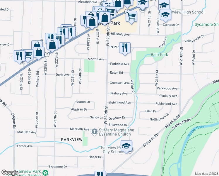 map of restaurants, bars, coffee shops, grocery stores, and more near 4901 West 220th Street in Fairview Park
