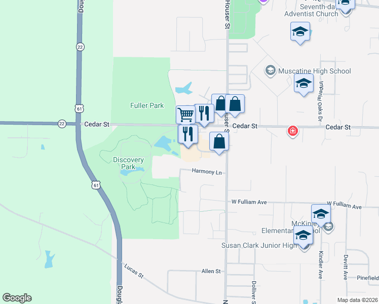map of restaurants, bars, coffee shops, grocery stores, and more near 2016 Cedar Plaza Drive in Muscatine