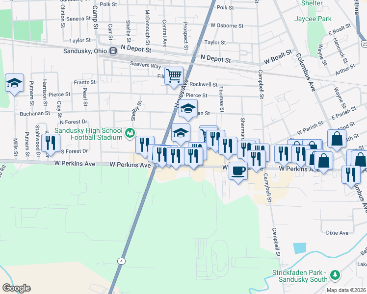 map of restaurants, bars, coffee shops, grocery stores, and more near 2130 Hayes Avenue in Sandusky