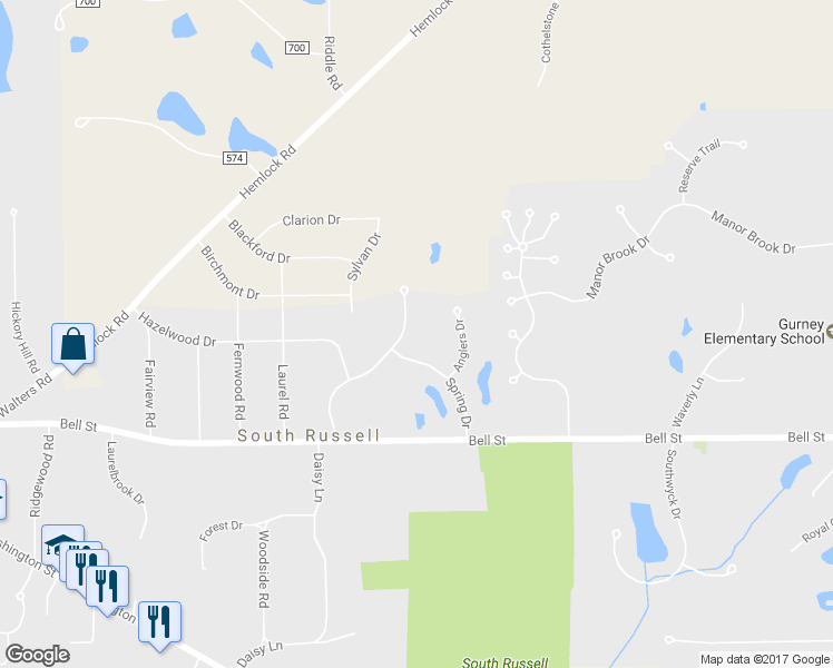 map of restaurants, bars, coffee shops, grocery stores, and more near 118 Countryside Drive in Chagrin Falls
