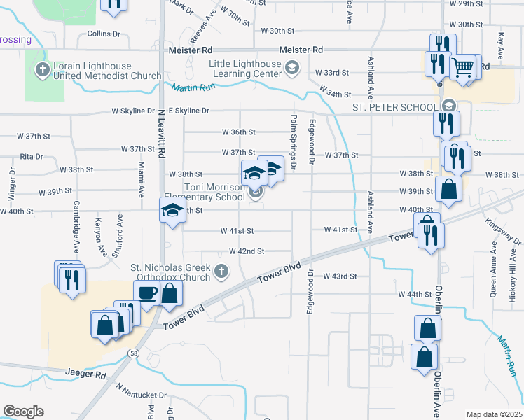 map of restaurants, bars, coffee shops, grocery stores, and more near 1830 West 40th Street in Lorain