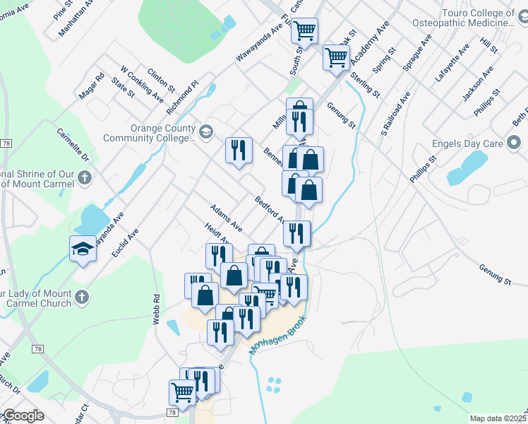 map of restaurants, bars, coffee shops, grocery stores, and more near 23 Bedford Avenue in Middletown