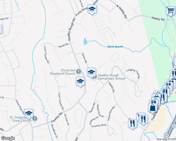 map of restaurants, bars, coffee shops, grocery stores, and more near 19 Karen Road in Danbury