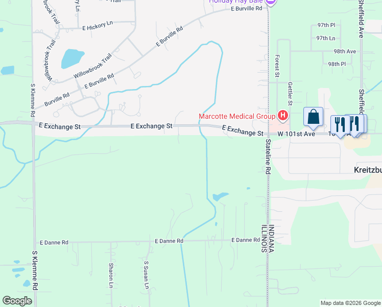 map of restaurants, bars, coffee shops, grocery stores, and more near 3303 East Exchange Street in Crete