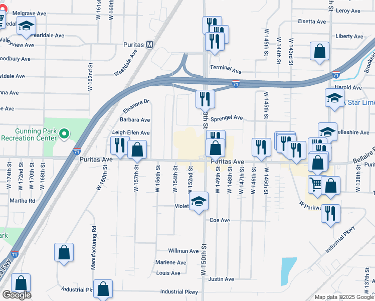 map of restaurants, bars, coffee shops, grocery stores, and more near 15204 Puritas Avenue in Cleveland