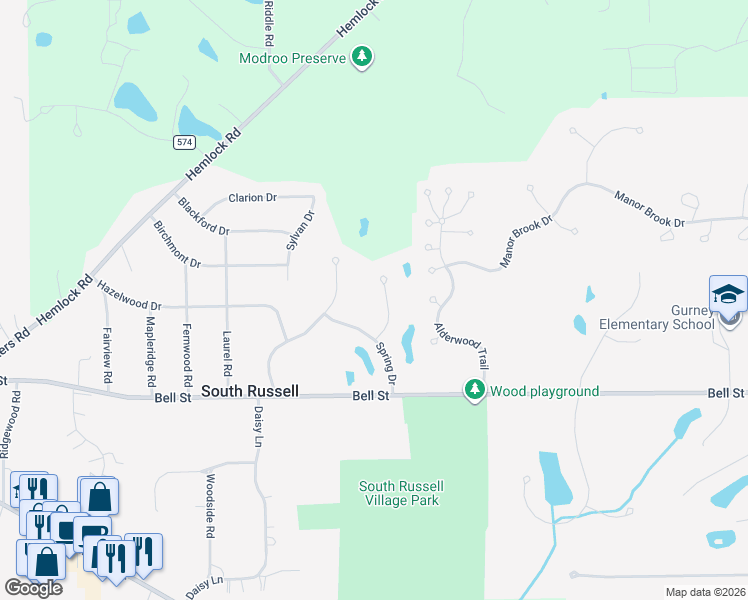 map of restaurants, bars, coffee shops, grocery stores, and more near 101 Anglers Dr in Chagrin Falls