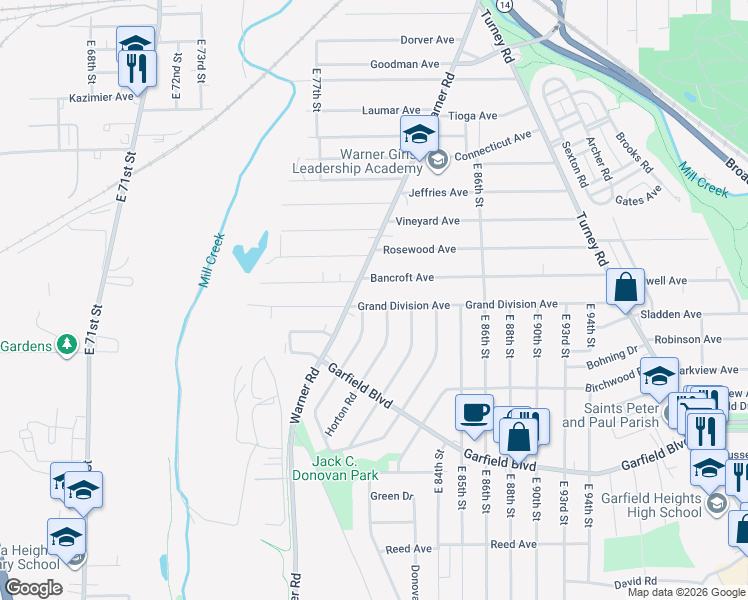 map of restaurants, bars, coffee shops, grocery stores, and more near 8101 Grand Division Avenue in Cleveland