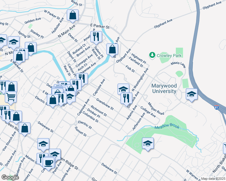 map of restaurants, bars, coffee shops, grocery stores, and more near 2205 Wyoming Avenue in Scranton