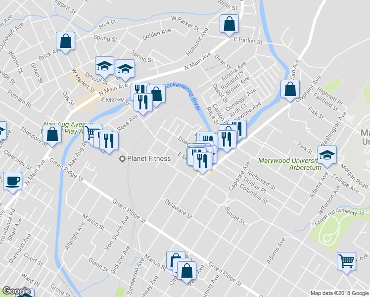 map of restaurants, bars, coffee shops, grocery stores, and more near 536 Deacon Street in Scranton
