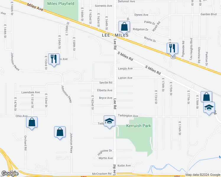 map of restaurants, bars, coffee shops, grocery stores, and more near 16413 Elberta Avenue in Cleveland