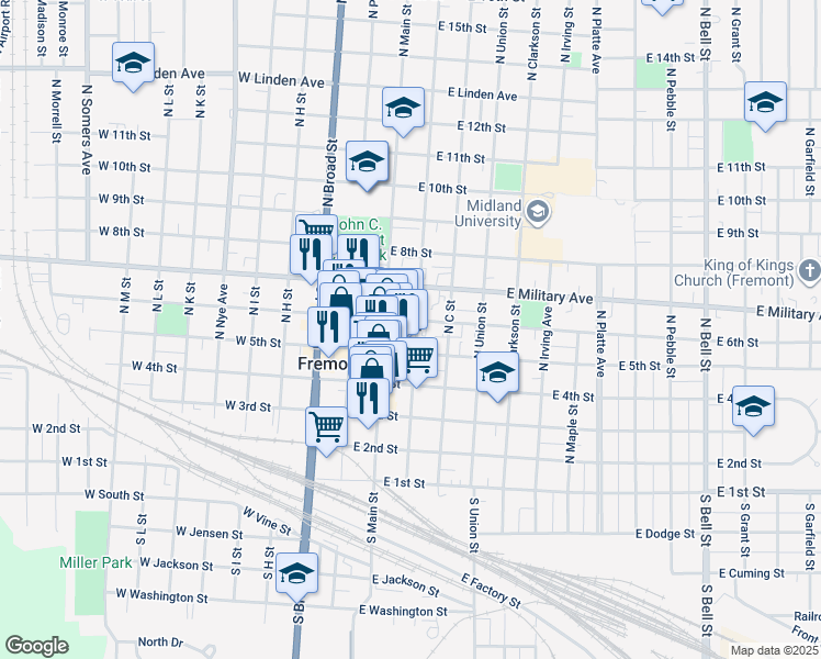 map of restaurants, bars, coffee shops, grocery stores, and more near 549 North D Street in Fremont