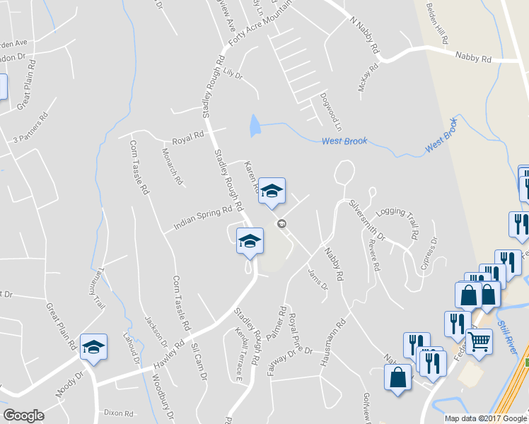 map of restaurants, bars, coffee shops, grocery stores, and more near 19 Karen Road in Danbury