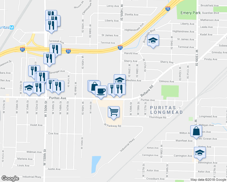 map of restaurants, bars, coffee shops, grocery stores, and more near 14020 Puritas Avenue in Cleveland