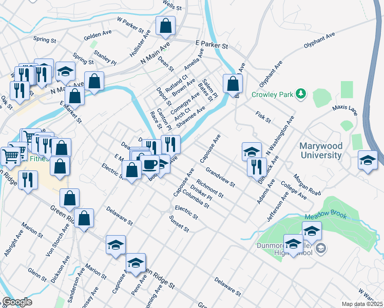map of restaurants, bars, coffee shops, grocery stores, and more near 820 Woodlawn Street in Scranton