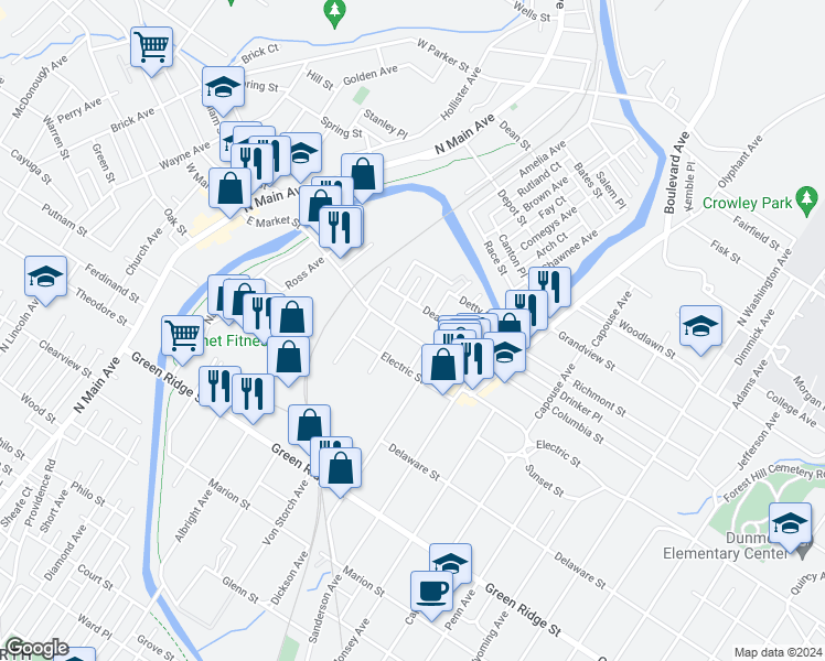 map of restaurants, bars, coffee shops, grocery stores, and more near 439 East Market Street in Scranton