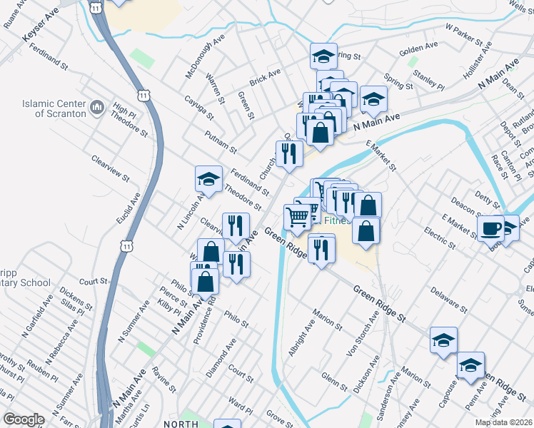 map of restaurants, bars, coffee shops, grocery stores, and more near 101 Theodore Street in Scranton
