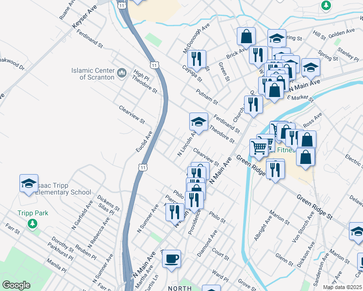 map of restaurants, bars, coffee shops, grocery stores, and more near 1401 Clearview Street in Scranton