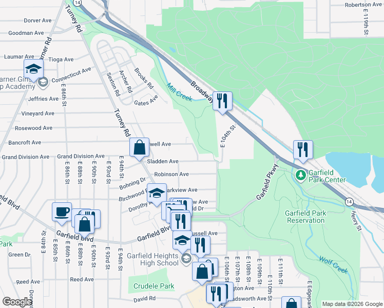 map of restaurants, bars, coffee shops, grocery stores, and more near 9916 Cardwell Avenue in Garfield Heights