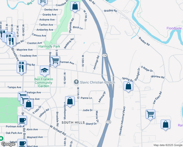 map of restaurants, bars, coffee shops, grocery stores, and more near 916 Spring Road in Cleveland