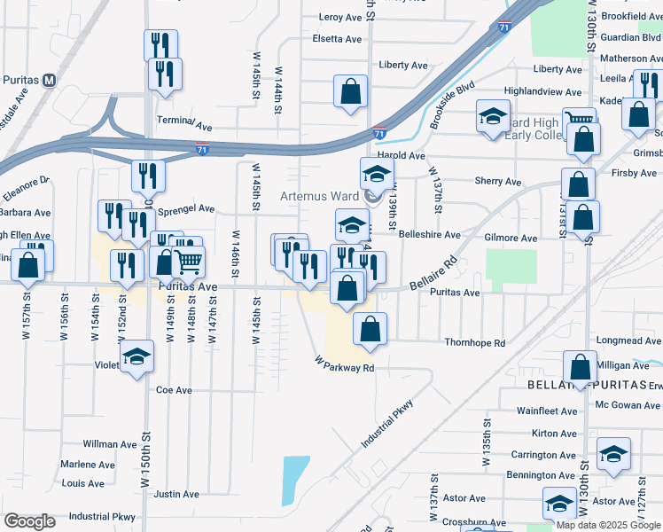 map of restaurants, bars, coffee shops, grocery stores, and more near 14020 Puritas Avenue in Cleveland