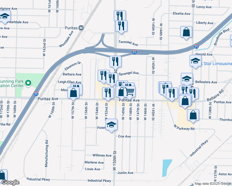 map of restaurants, bars, coffee shops, grocery stores, and more near 4409 West 150th Street in Cleveland