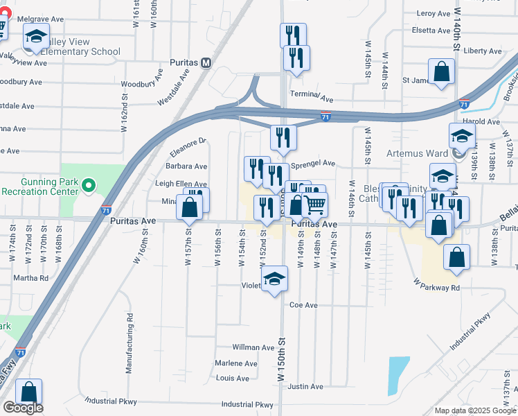 map of restaurants, bars, coffee shops, grocery stores, and more near 15200 Puritas Avenue in Cleveland