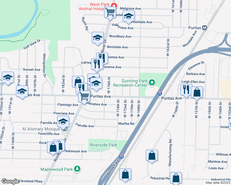 map of restaurants, bars, coffee shops, grocery stores, and more near 4435 West 176th Street in Cleveland