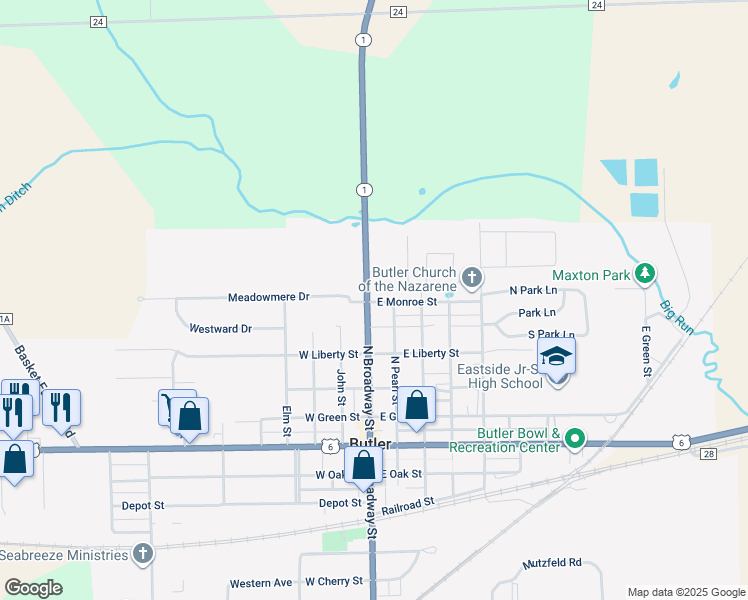 map of restaurants, bars, coffee shops, grocery stores, and more near 35 East Monroe Street in Butler
