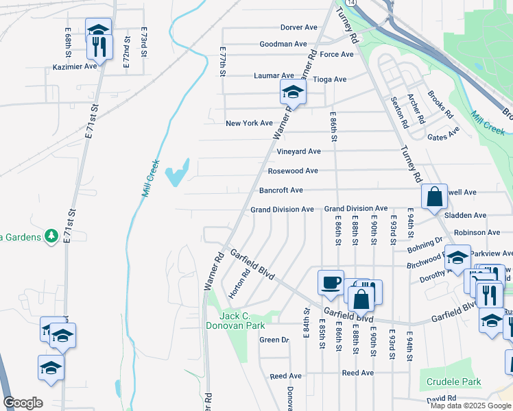 map of restaurants, bars, coffee shops, grocery stores, and more near 8027 Grand Division Avenue in Cleveland