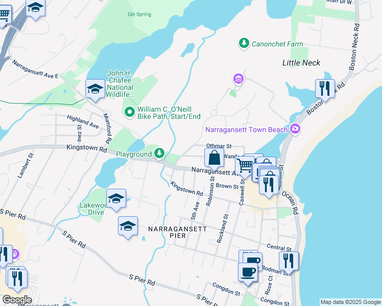 map of restaurants, bars, coffee shops, grocery stores, and more near 63 Wanda Street in Narragansett