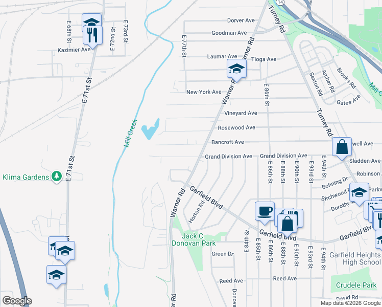 map of restaurants, bars, coffee shops, grocery stores, and more near 7901 Grand Division Ave in Cleveland