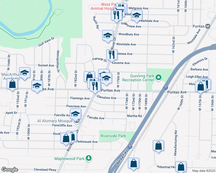 map of restaurants, bars, coffee shops, grocery stores, and more near 15204 Puritas Avenue in Cleveland