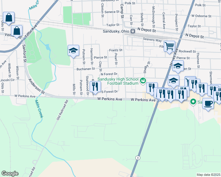 map of restaurants, bars, coffee shops, grocery stores, and more near 2131 Parkview Boulevard in Sandusky