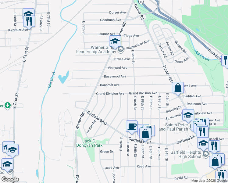 map of restaurants, bars, coffee shops, grocery stores, and more near 8201 Grand Division Avenue in Cleveland