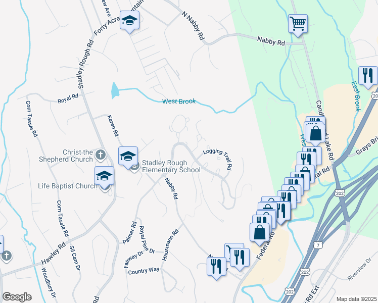 map of restaurants, bars, coffee shops, grocery stores, and more near 4002 Hancock Drive in Danbury
