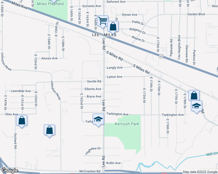 map of restaurants, bars, coffee shops, grocery stores, and more near 16600 Meadowvale Avenue in Cleveland