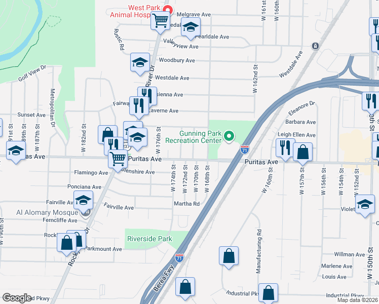 map of restaurants, bars, coffee shops, grocery stores, and more near 4423 West 171st Street in Cleveland