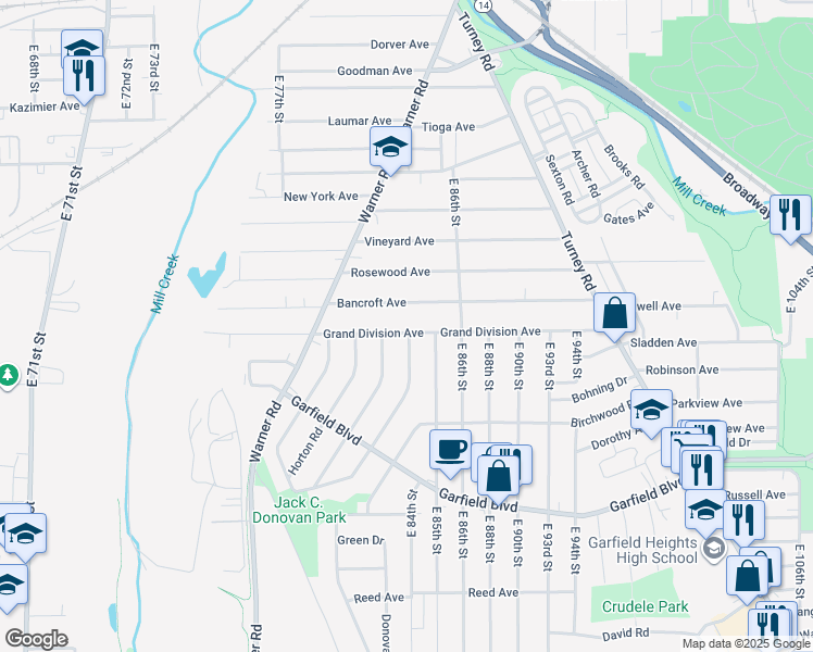 map of restaurants, bars, coffee shops, grocery stores, and more near 8313 Grand Division Avenue in Cleveland