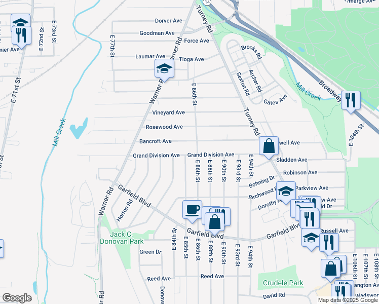 map of restaurants, bars, coffee shops, grocery stores, and more near 8505 Grand Division Avenue in Cleveland